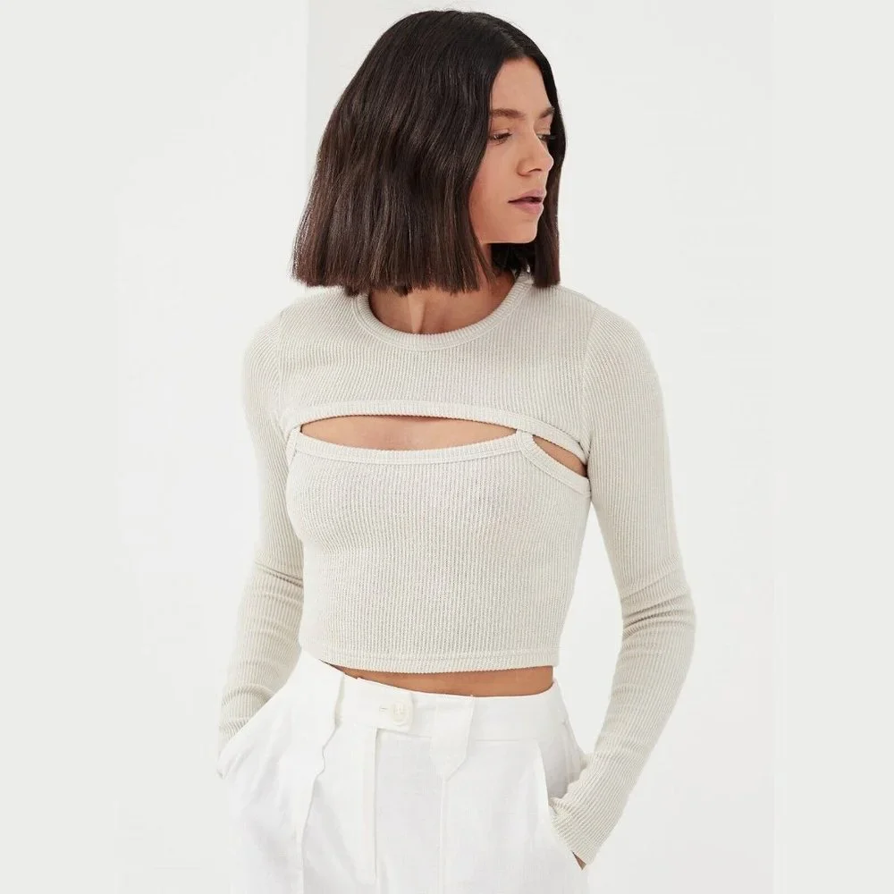 4th & Reckless Women's Bone White Gabrielle 2-Piece Arm Warmer Crop Top Size L
